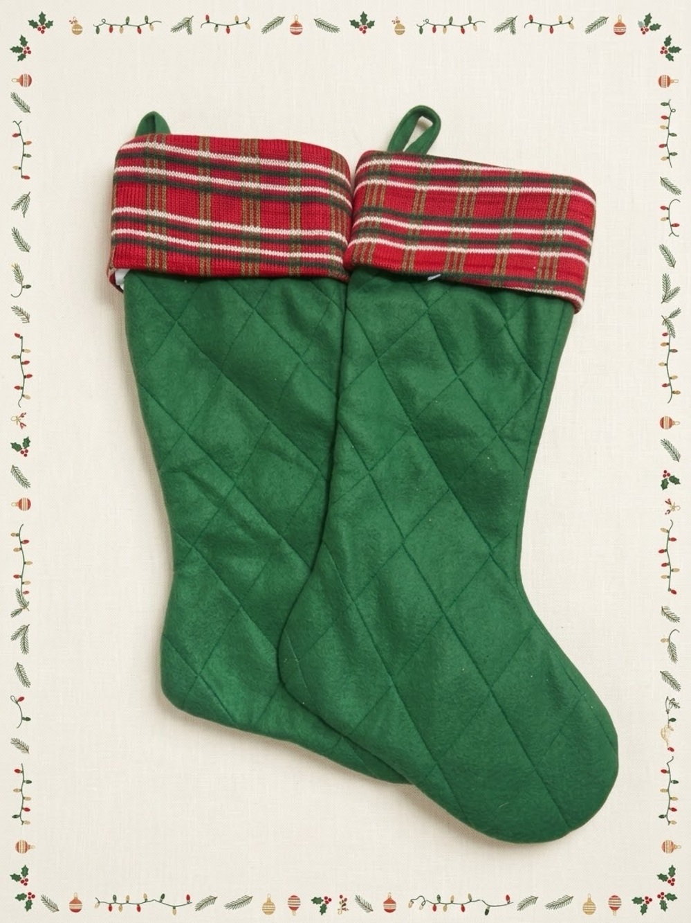 Festive Green Quilted Holiday Stockings with Red Plaid Cuff